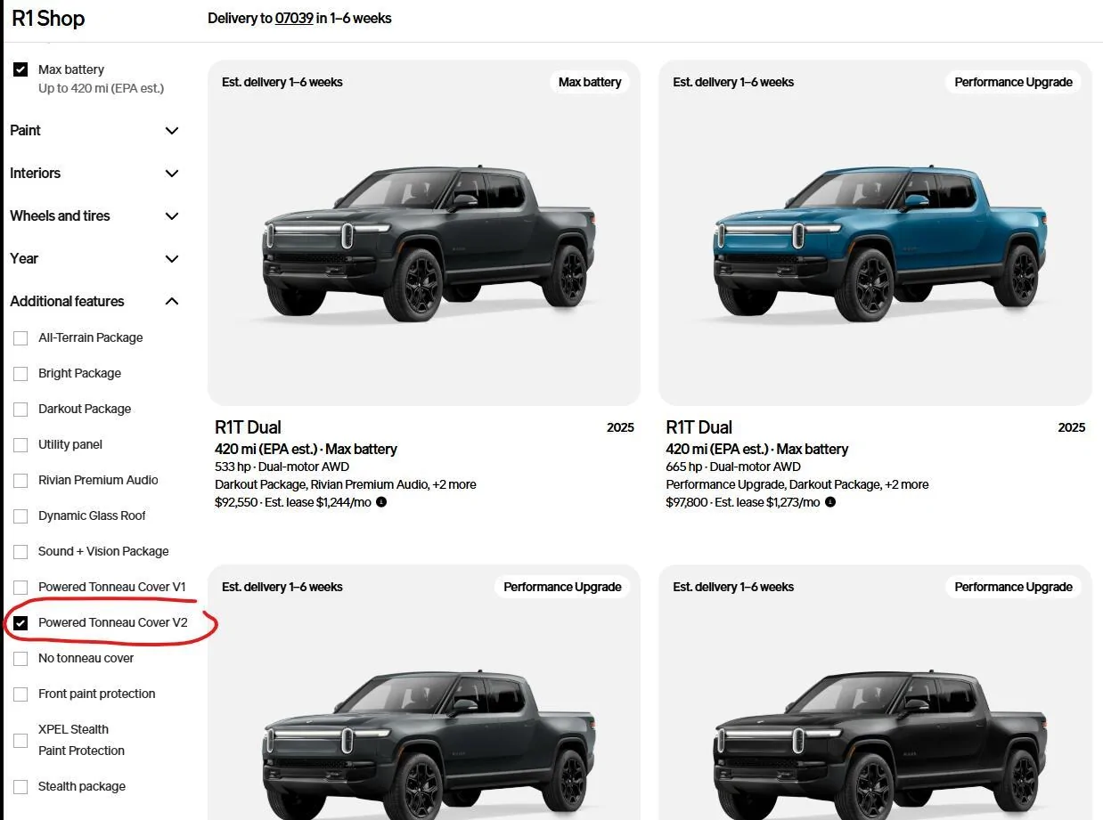 Rivian R1T R1S Rollup "Powered Tonneau Cover V2" available option on some 2025 models now 1740835272985-56