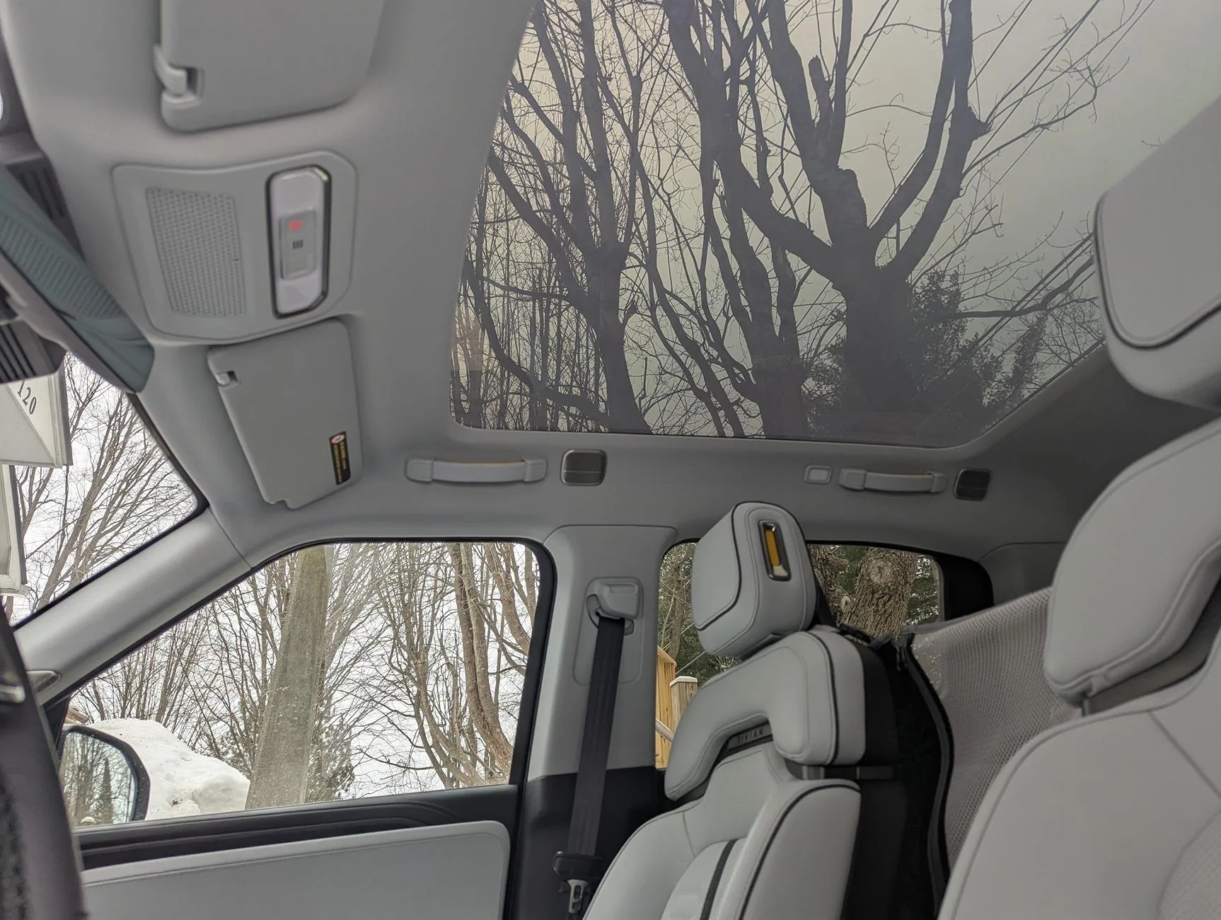 Rivian R1T R1S Visibility differences between default Panoramic Roof versus Dynamic Glass Roof (DSG) PXL_20250304_181041080