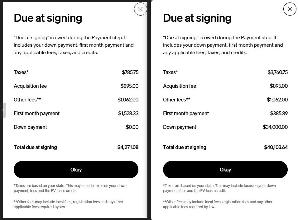 Rivian R1T R1S Lease to buyout within 1st month, down payment amount [CA] comparison