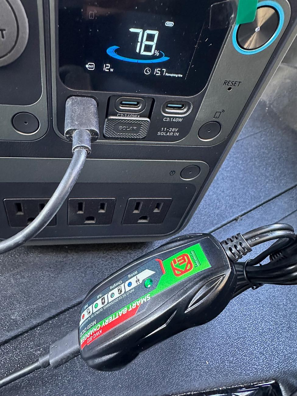 Rivian R1T R1S Installed frunk wired solar-capable 12v battery tender to reduce vampire drain IMG_4303
