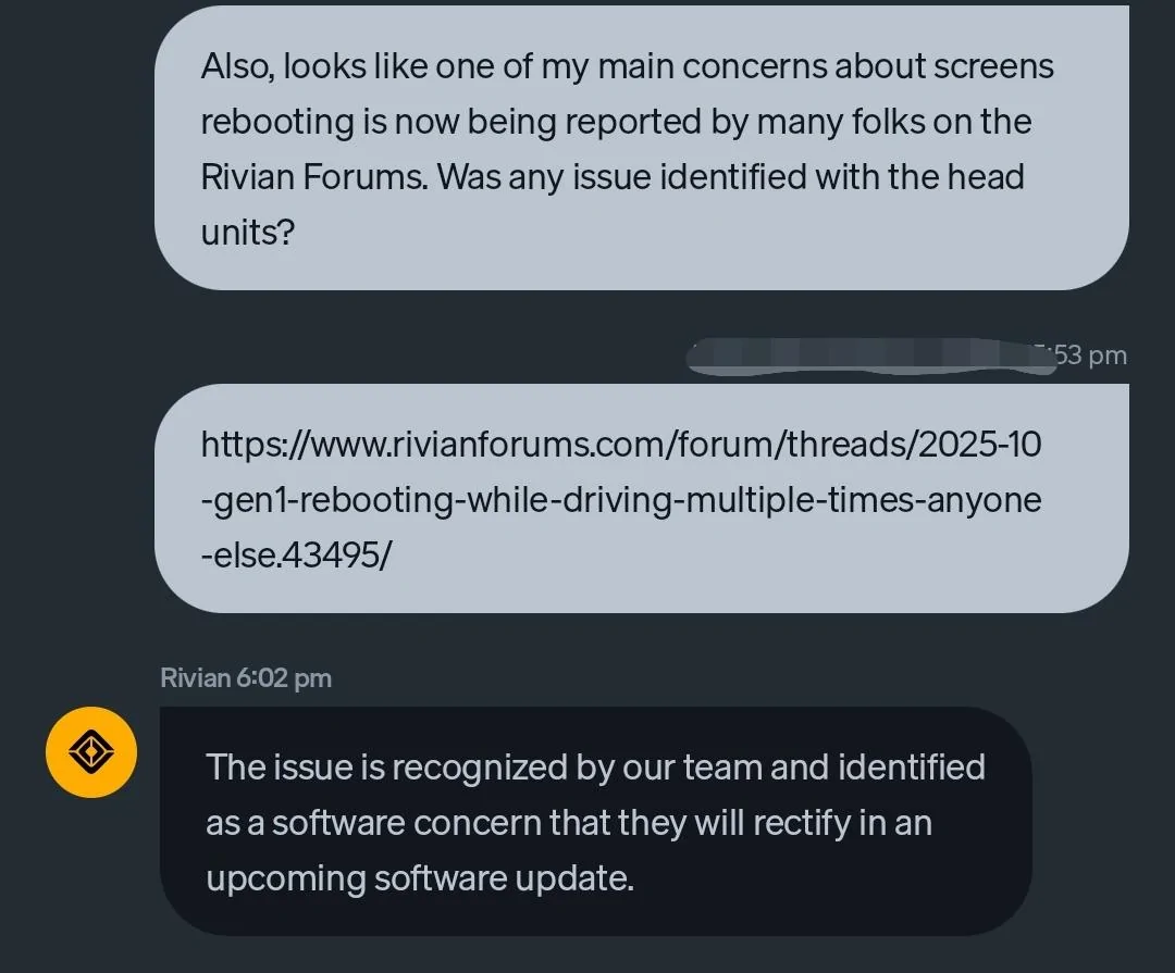 Rivian R1T R1S 2025.10 Gen1 rebooting while driving multiple times - anyone else? Screenshot_20250421_180844_Rivian