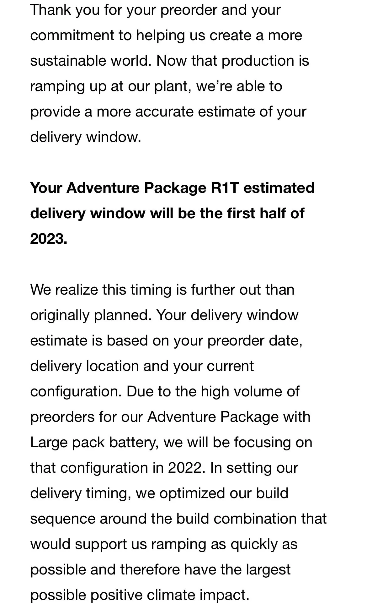 Rivian R1T R1S ? Update from RJ on production & deliveries -- via email letter 12/28/21 IMG_2435