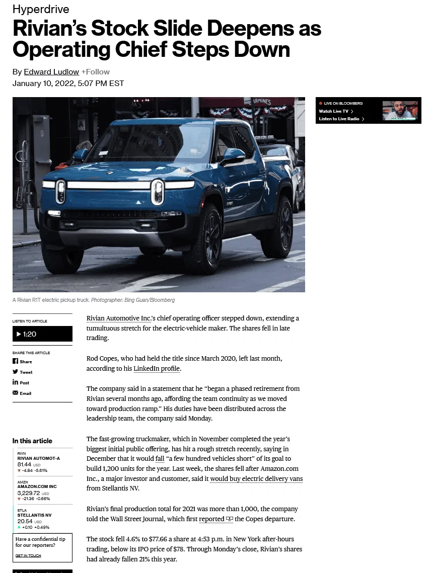 Rivian R1T R1S Rivian’s Stock Slide Deepens as Operating Chief Steps Down 1641854587055