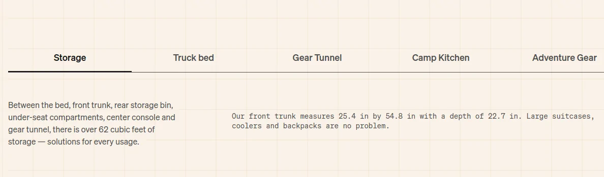 Rivian R1T R1S Dimensions of storage spaces Screenshot from 2022-01-13 10-22-44