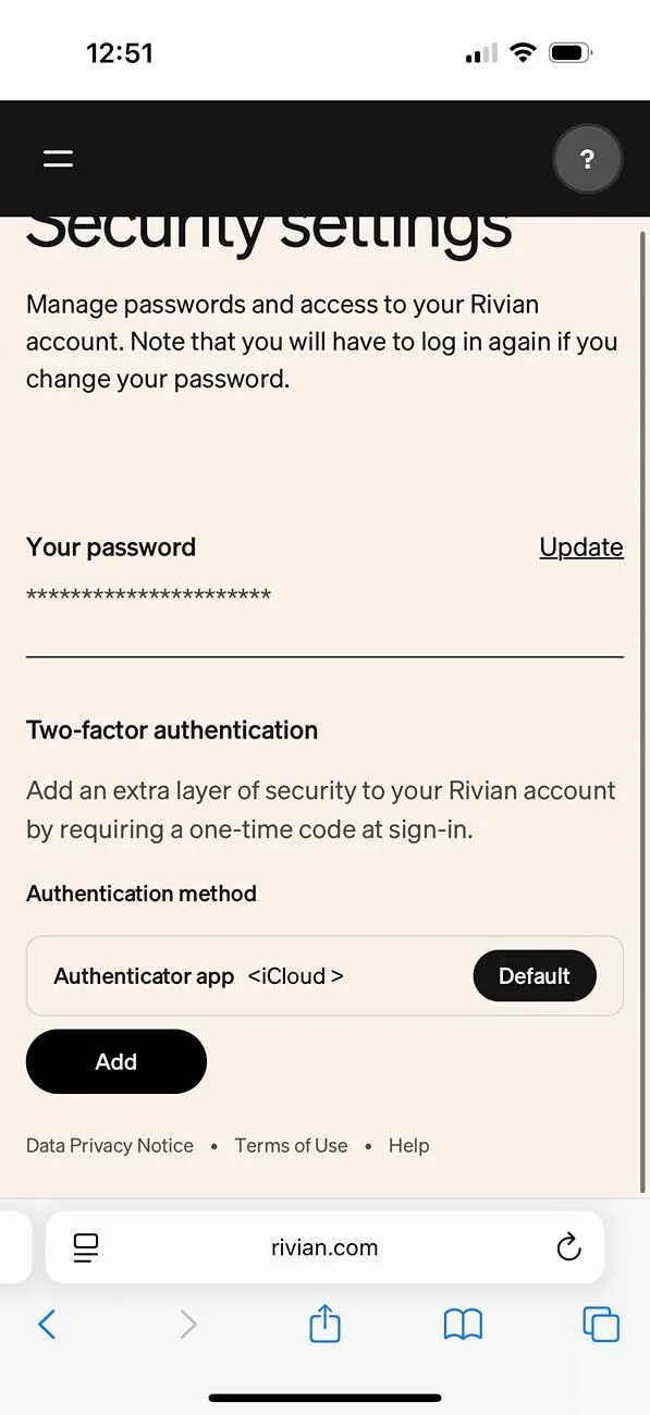 Rivian R1T R1S MFA 2-Factor Authentication (2FA) gets new options IMG_7171