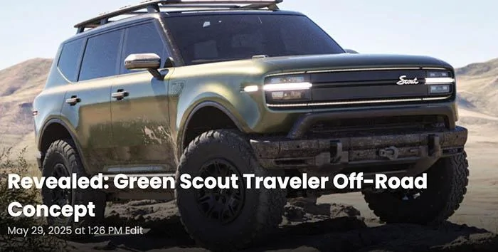 Rivian R1T R1S Official: Scout EV SUV & Pickup debut w/ Gas Range Extender EREV, 4x4, BOF, Lockers, Sway Bar Disconnect -- All Specs, Wallpapers, Videos green scout traveler off-road concept