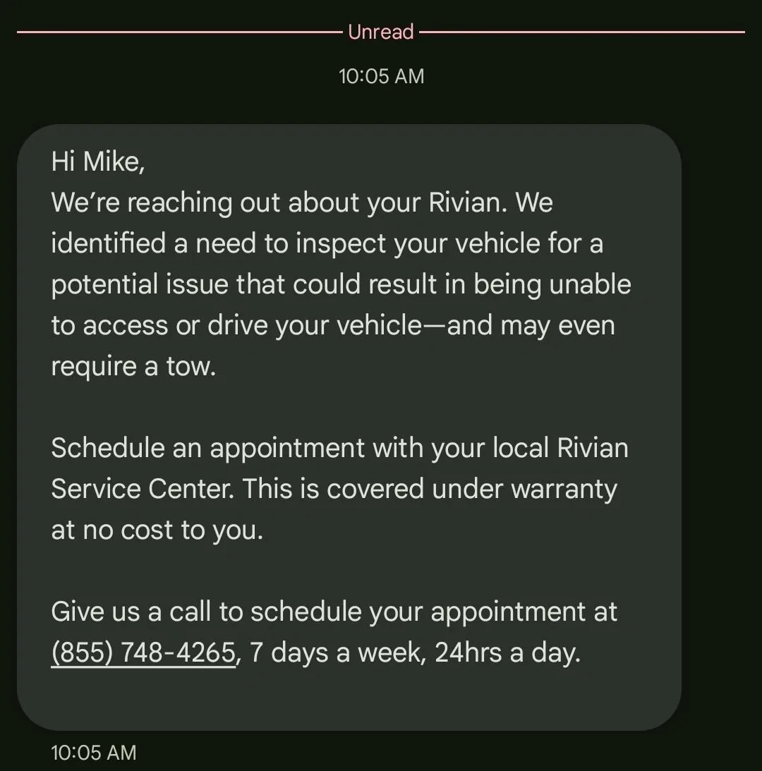 Rivian R1T R1S "Your Rivian needs to be inspected" 1000018301