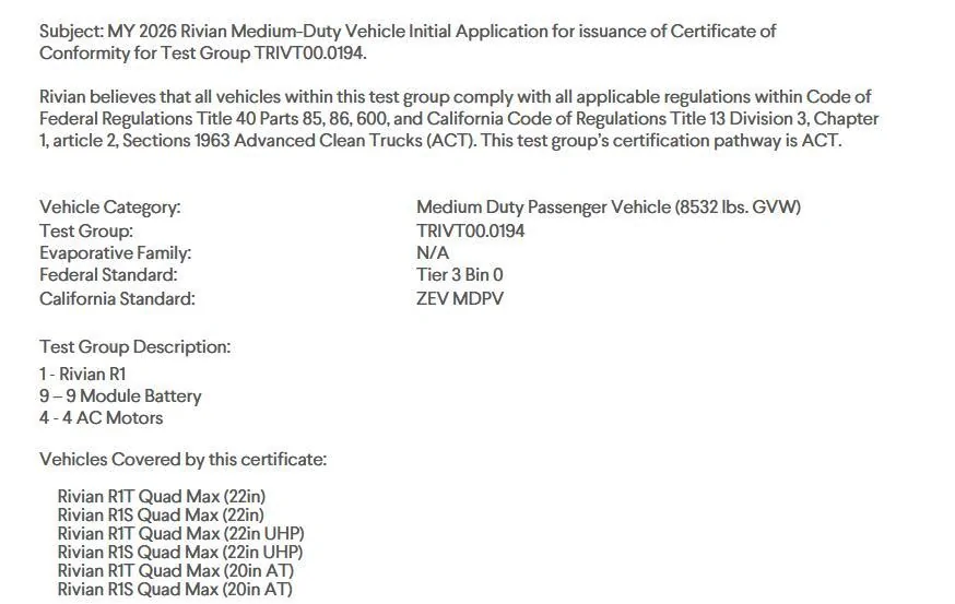 Rivian R1T R1S 2026 Quad Max EPA Certification w/ specs (range, capacity, etc.) 1749958480582-xc