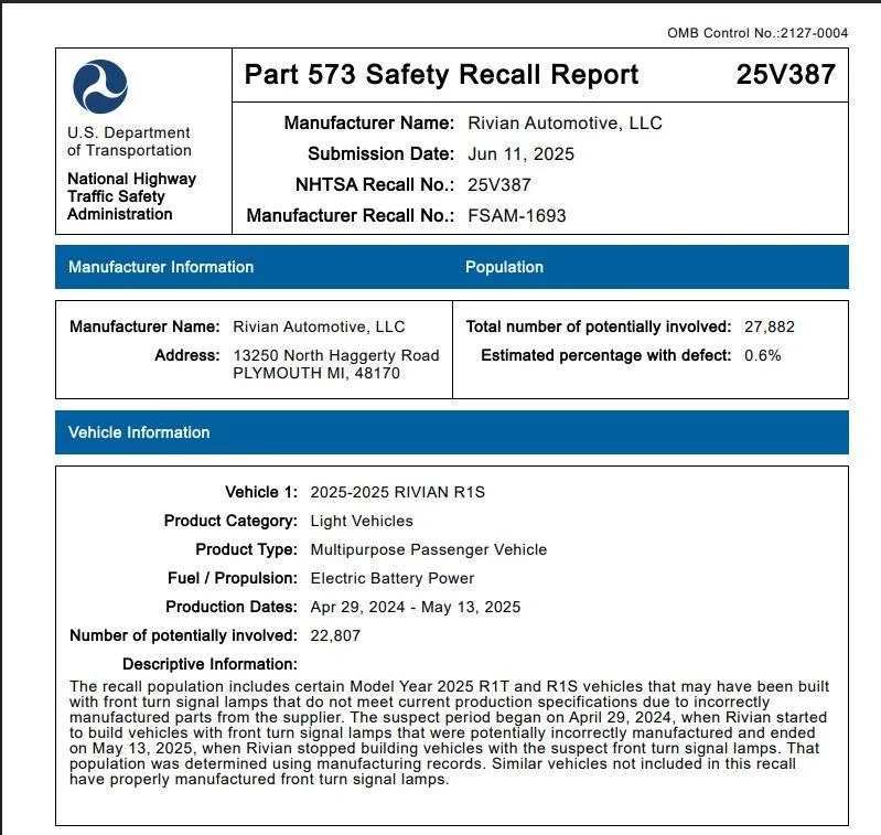 Rivian R1T R1S "Your Rivian needs to be inspected" NHTSA-25V387