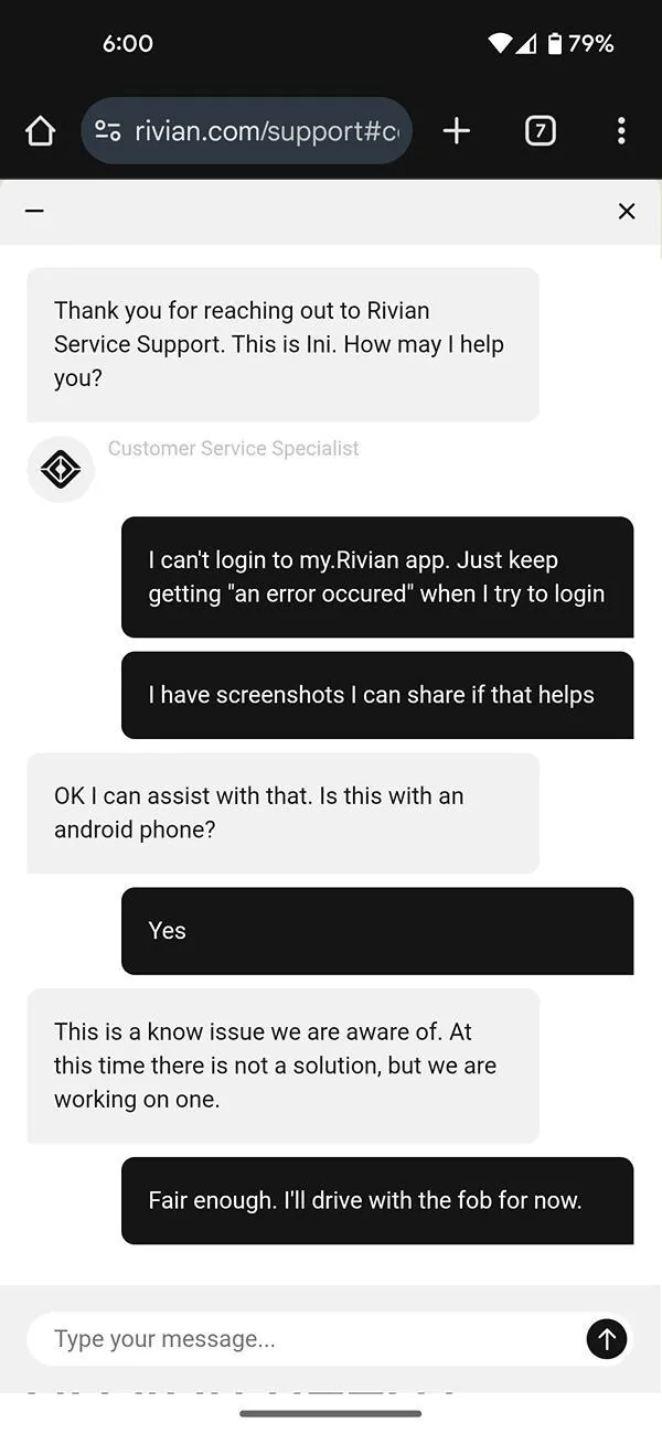 Rivian R1T R1S Android App Issue - EDIT Rivian issue, fixed many hours later Screenshot_20250621-180040