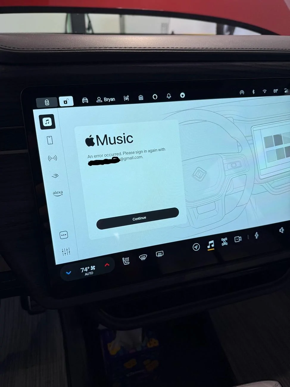 Rivian R1T R1S 2025.22.01 Apple Music login error for one driver only IMG_6162