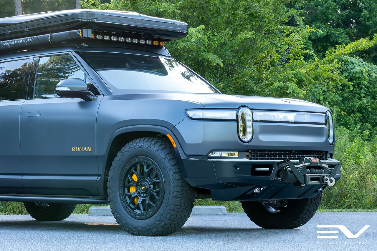 Rivian R1T R1S 🚨🚔 Palo Alto Police Department gets Rivian R1S built by EV Sportline's upfitting division - Patrol EV rivian-r1t-front-bumper-offroad-steel-extreme-duty-skid-plate-black-winch-1