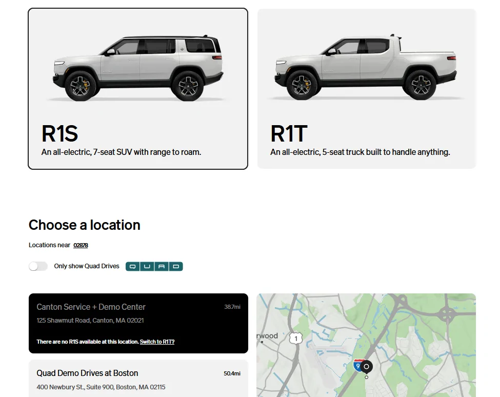Rivian R1T R1S 81 service centers / 31 showrooms (spaces) as of August 5, 2025 Canton MA