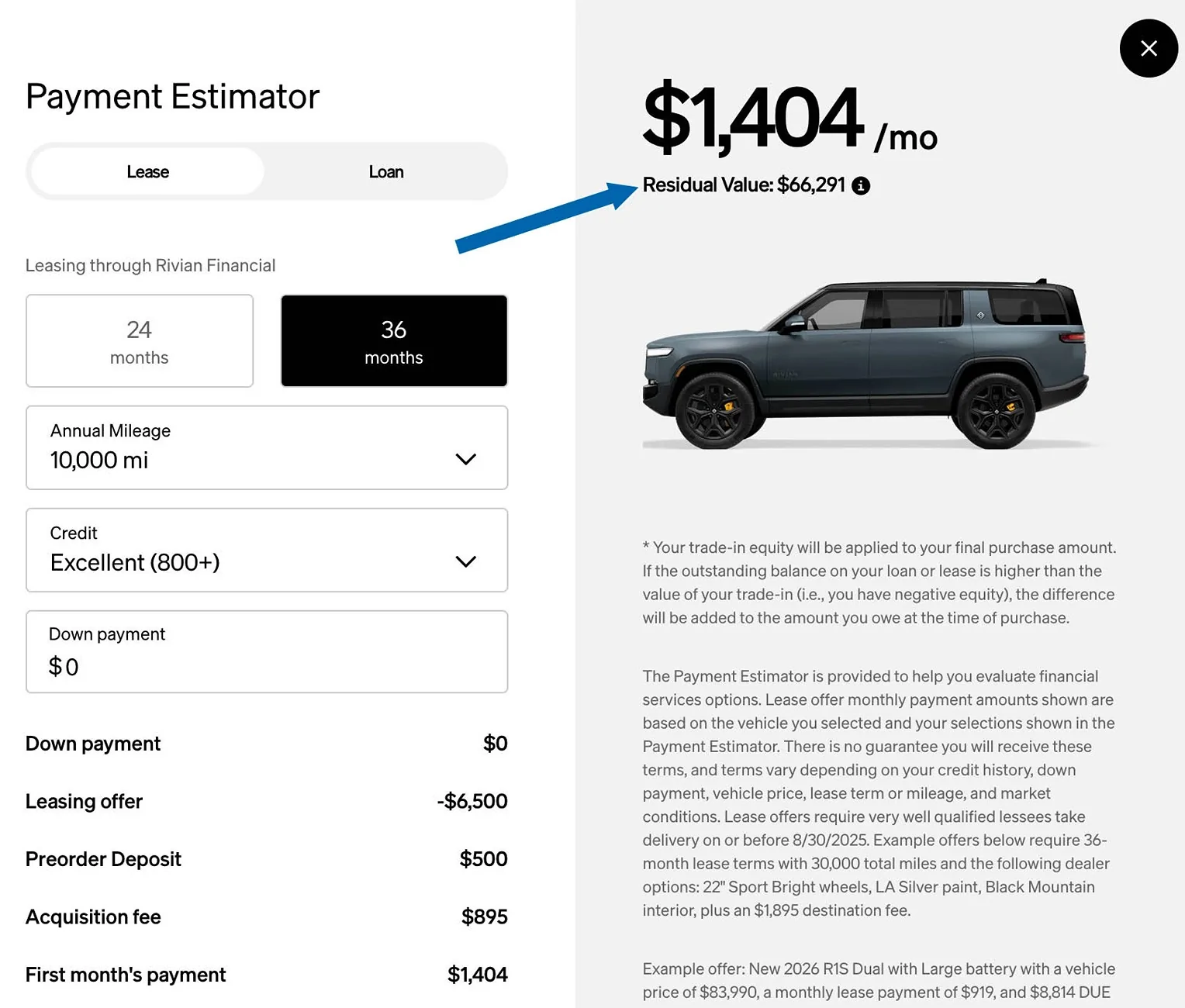 Rivian R1T R1S Residual value now shows in Rivian lease payment calculator residualvalue-rivian