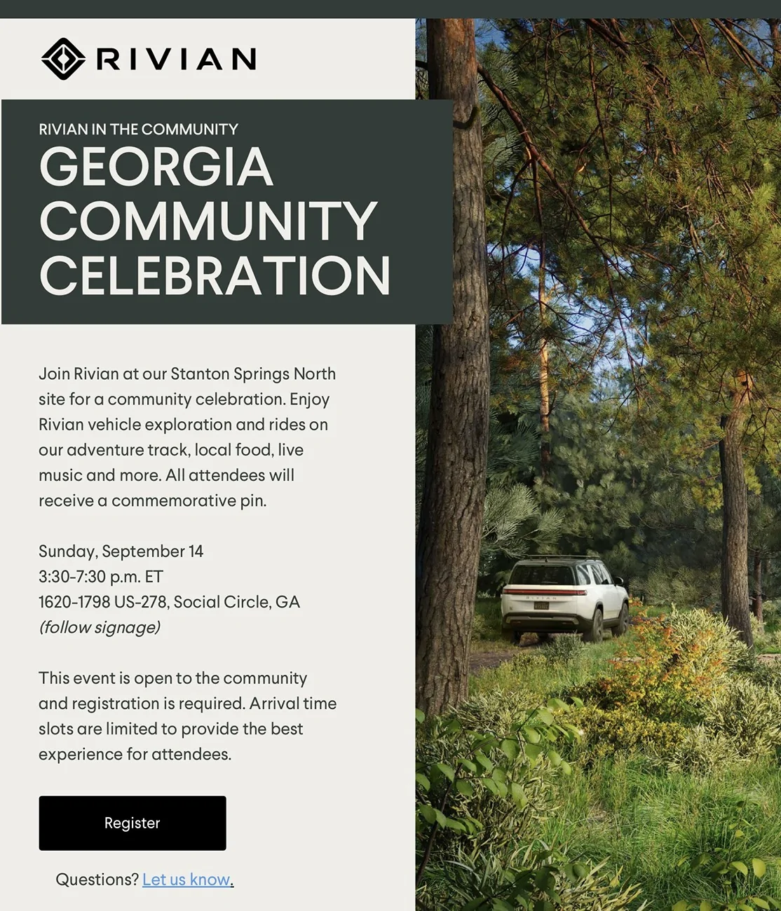 Rivian R1T R1S Register for Rivian's Georgia community celebration event w/ rides, food, live music, commemorative pin (Sunday Sept 14) GyeIxTmWEAAFGKm