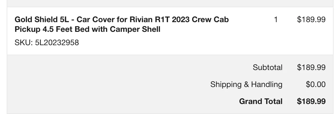 Rivian R1T R1S New, Unopened R1T Car Cover - $100 Screen Shot 2025-08-16 at 8.00.56 PM