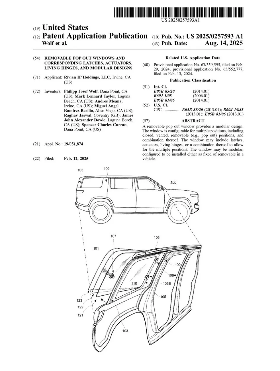 Rivian R1T R1S R2 pop out rear side windows - venting & removing (patent) R2 removable pop out rear side windows (patent)2