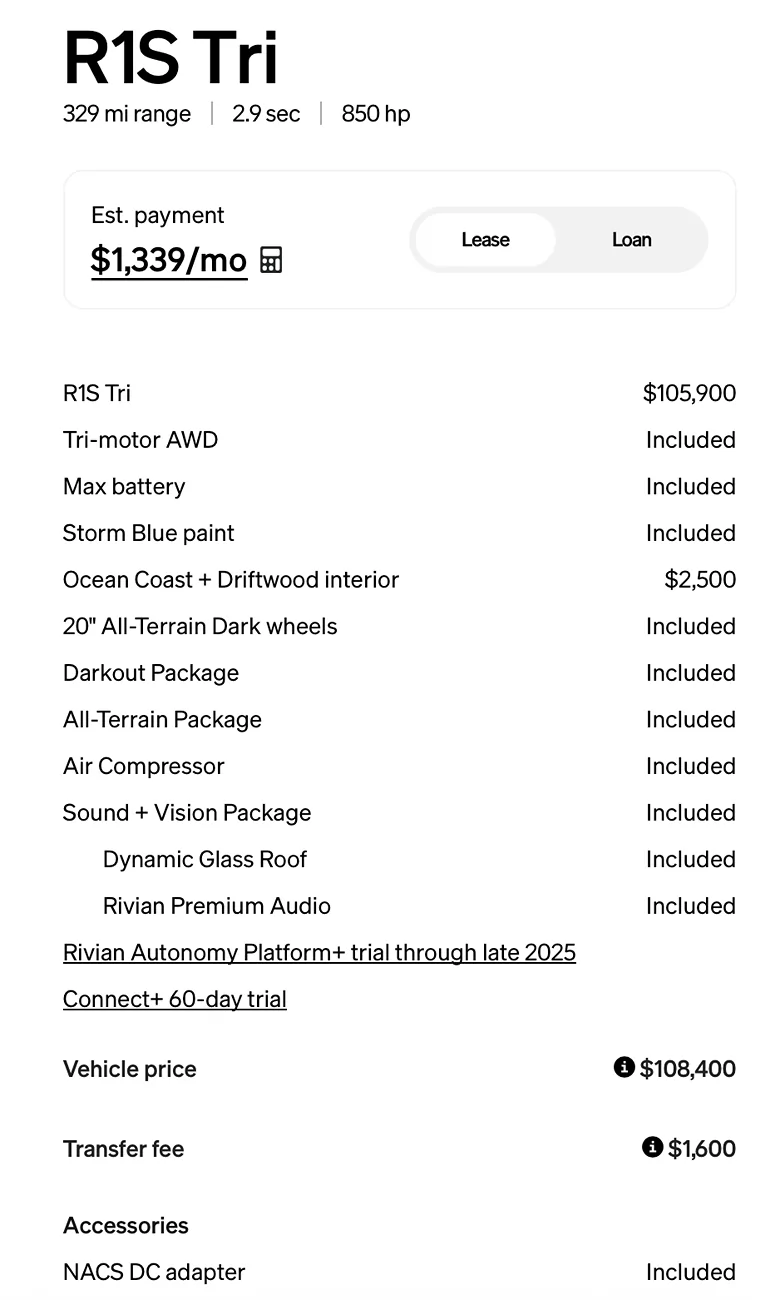 Rivian R1T R1S Reduced pricing on 2025 Tri-motor models in the Rivian Shop Screenshot 2025-08-28 at 10.58.40 AM