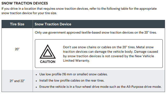 Rivian R1T R1S Best tire / wheel combo for deep snow. Rivian_Chains_Warning.PNG