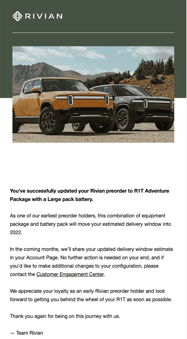 Rivian R1T R1S Rivian R1T MAX PACK delivery update from customer service --  Q1 2023 Possible Screen Shot 2022-02-07 at 11.34.25 AM