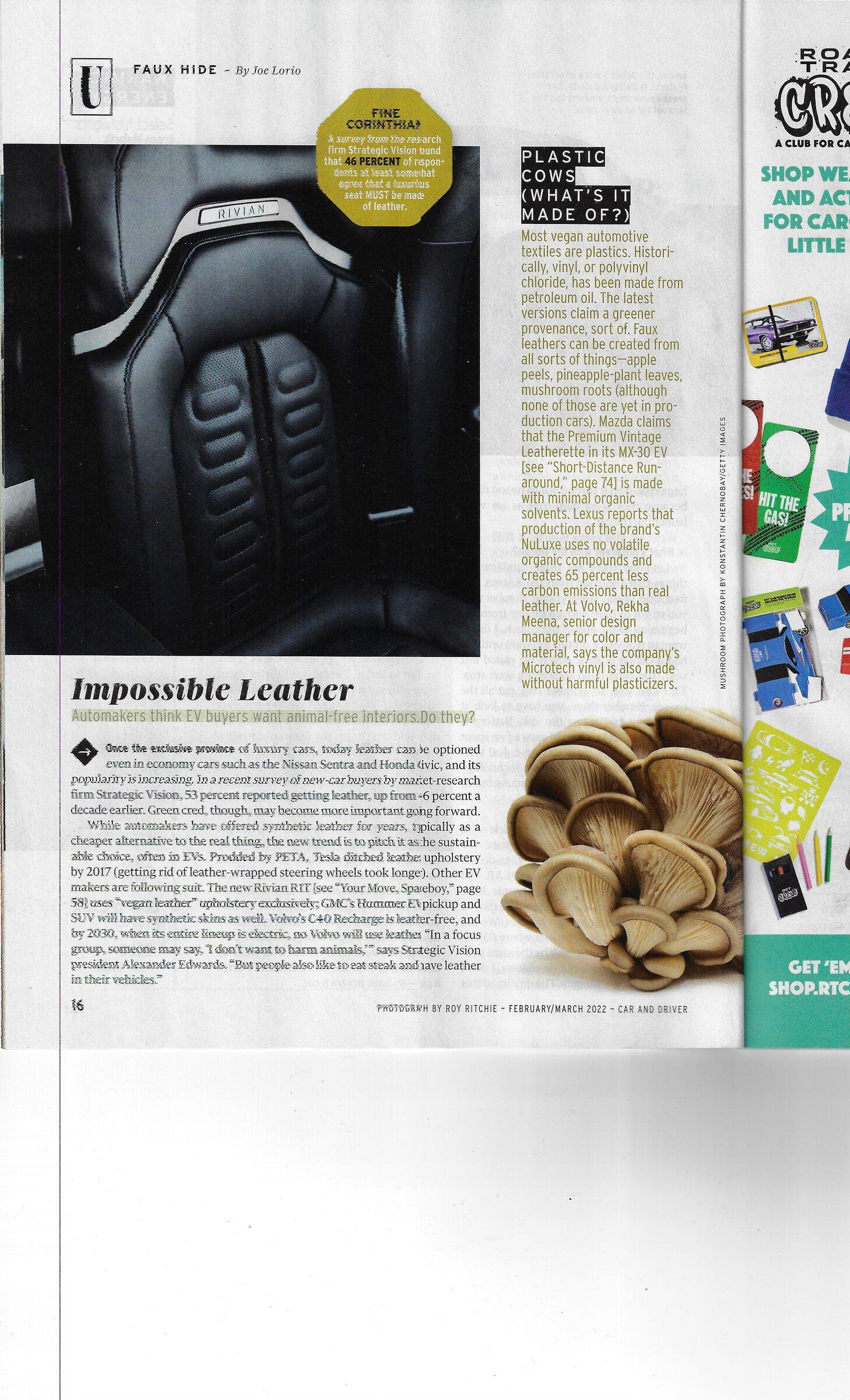 Rivian R1T R1S RIVIAN VEGAN LEATHER - Car & Driver - March 2022 Rivian Vegan Leather