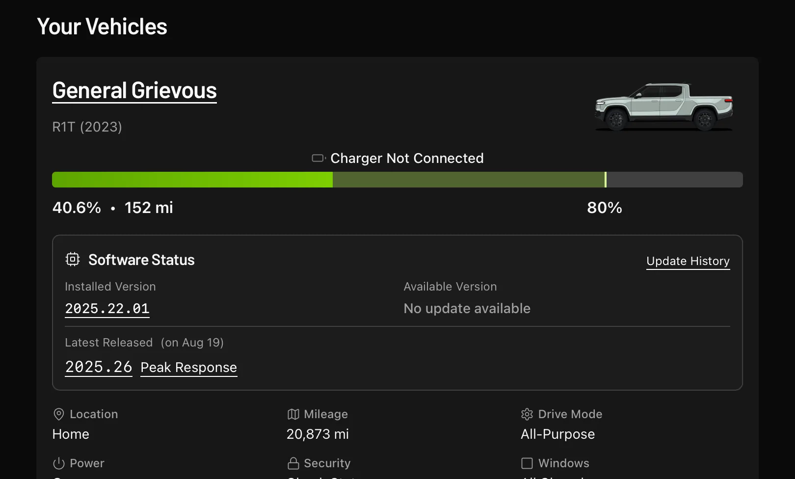 Rivian R1T R1S Never received 2025.26 update. Anyone else? IMG_0210