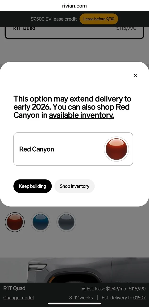 Rivian R1T R1S Red Canyon and Limestone Colors Gone for 2026? IMG_1642