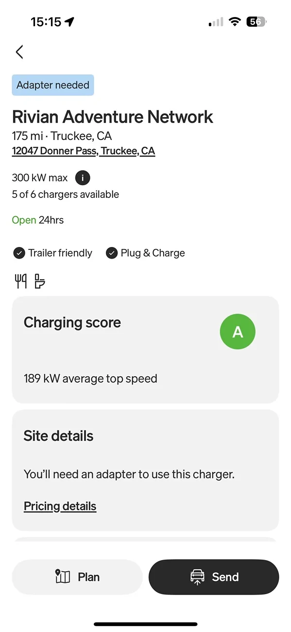 Rivian R1T R1S App behavior - charger visibility for '26 NACS-native trucks Screenshot 2025-09-07 at 15.15.44