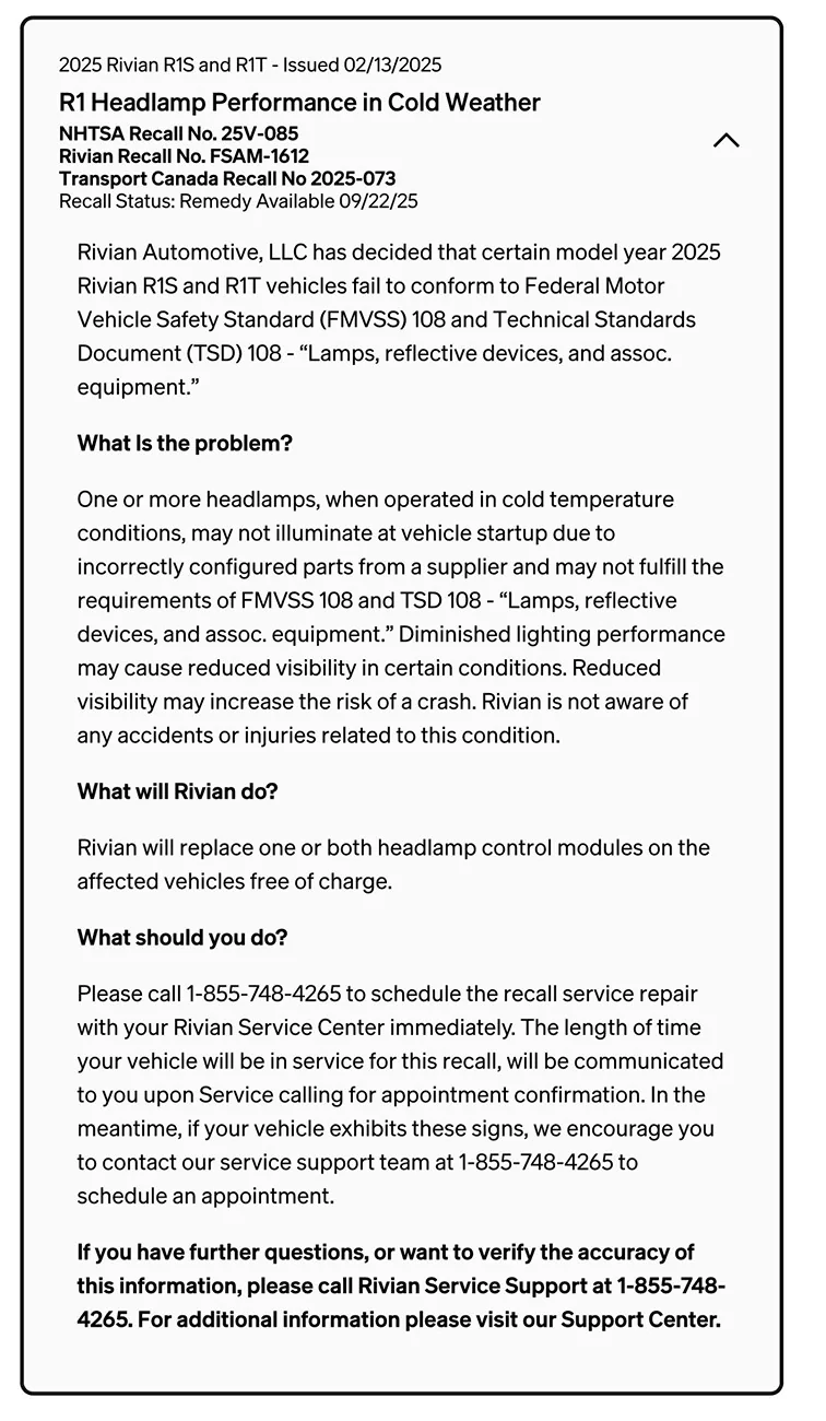 Rivian R1T R1S Recall remedy issued for headlamps / headlights issue in cold weather (2025 R1T / R1S) Recall remedy headlamp headlight cold weather issu