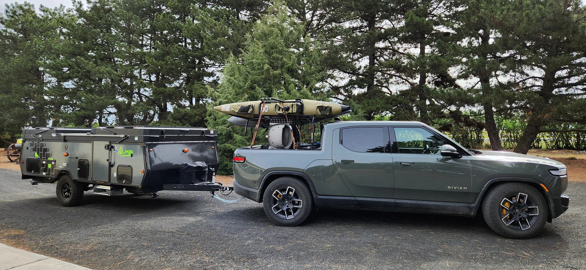 Rivian R1T R1S Towing a 19' R-POD with a 2022 Quad R1T, a sobering expereince 1stCampSetToGo