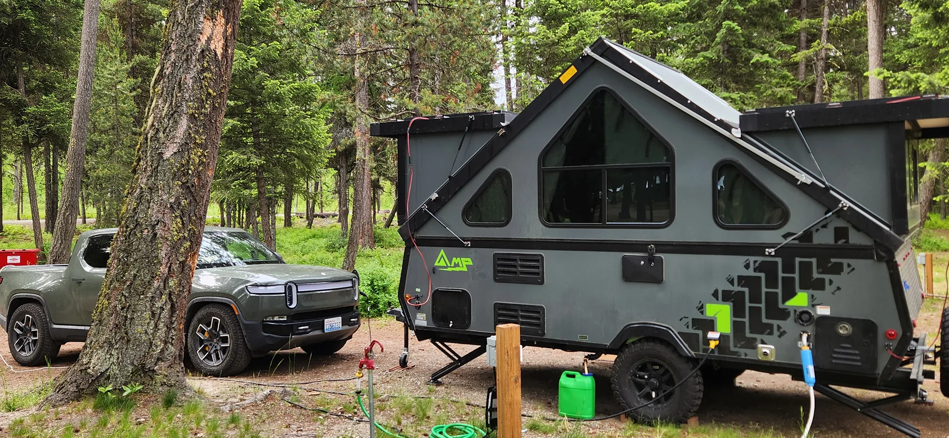 Rivian R1T R1S Towing a 19' R-POD with a 2022 Quad R1T, a sobering expereince 20240629_083958