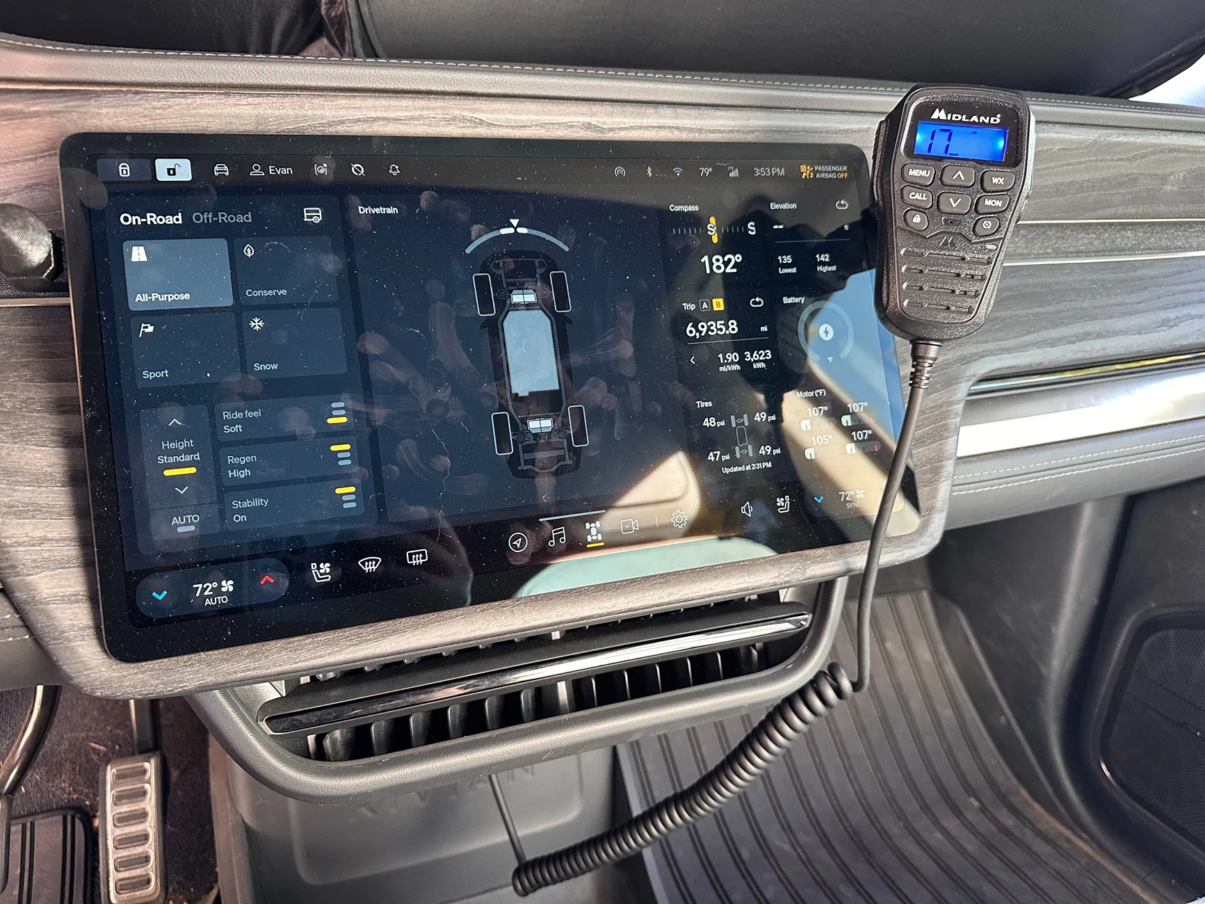 Rivian R1T R1S GMRS install: hidden / hardwired Midland MXT275 GMRS walkie talkie + external antenna IMG_5827