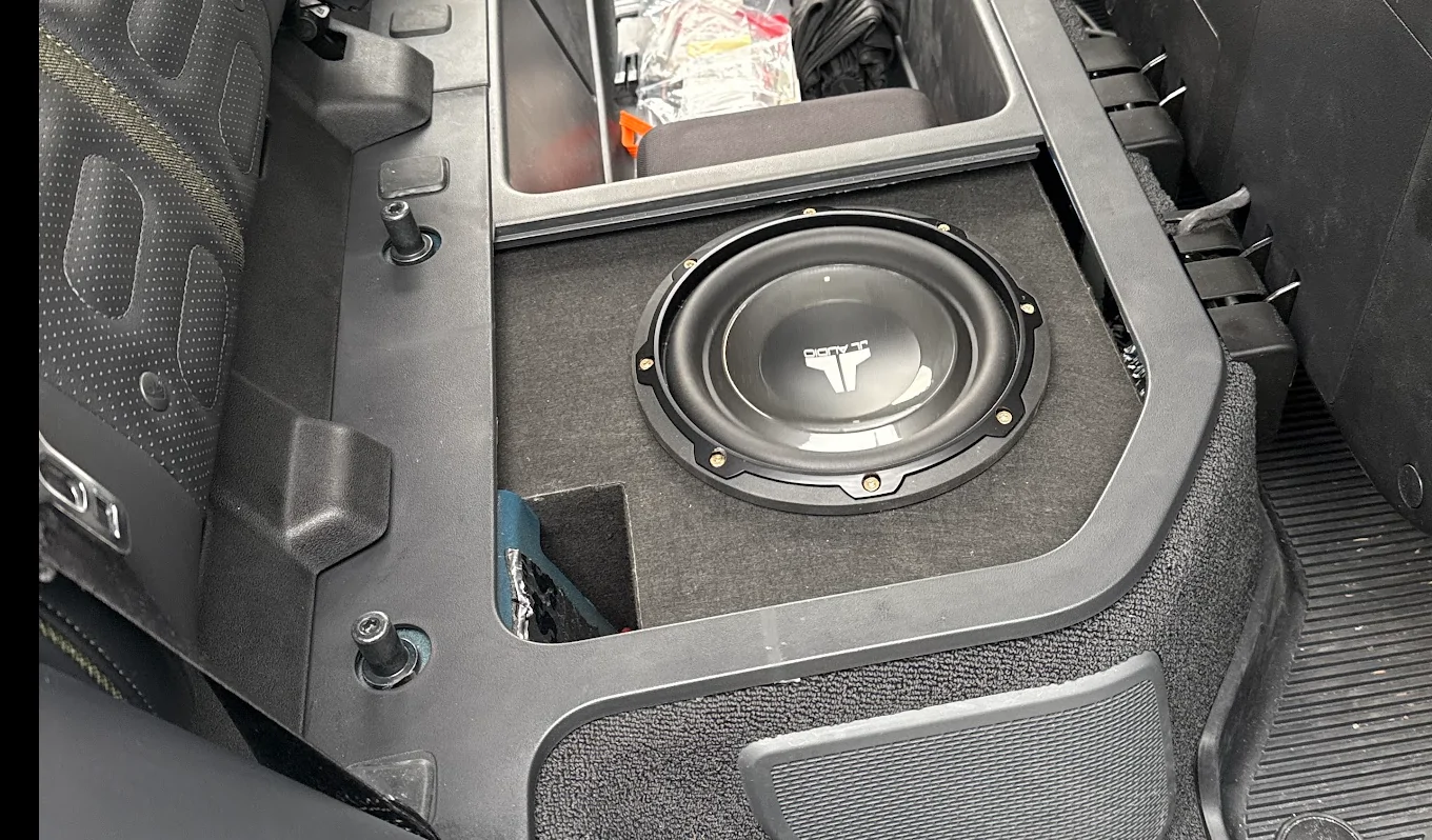 Rivian R1T R1S SoonishEV TubThumper (Rivian R1T Subwoofer Upgrade) & TopoCharge Gen2 Wireless Phone Charger Upgraded sub installed