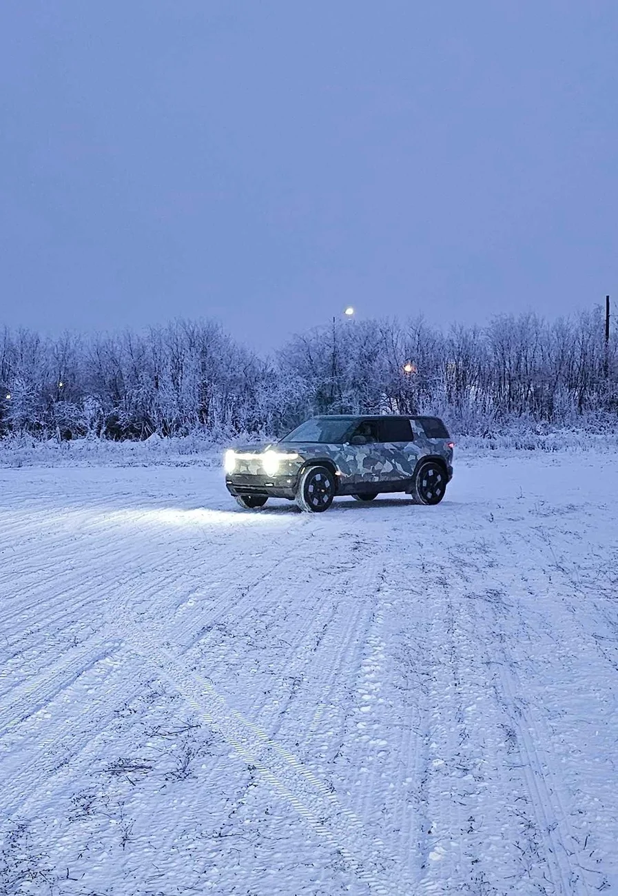 Rivian R1T R1S R2 in snow & cold temperature testing Rivian R2 winter snow testing 6