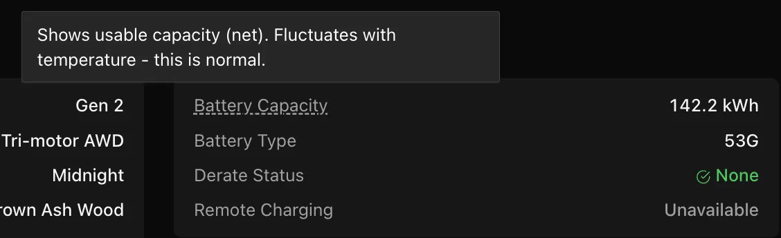 Rivian R1T R1S HVB battery capacity - is there any way to determine its current capacity? Screenshot 2025-11-12 at 7.30.13 AM