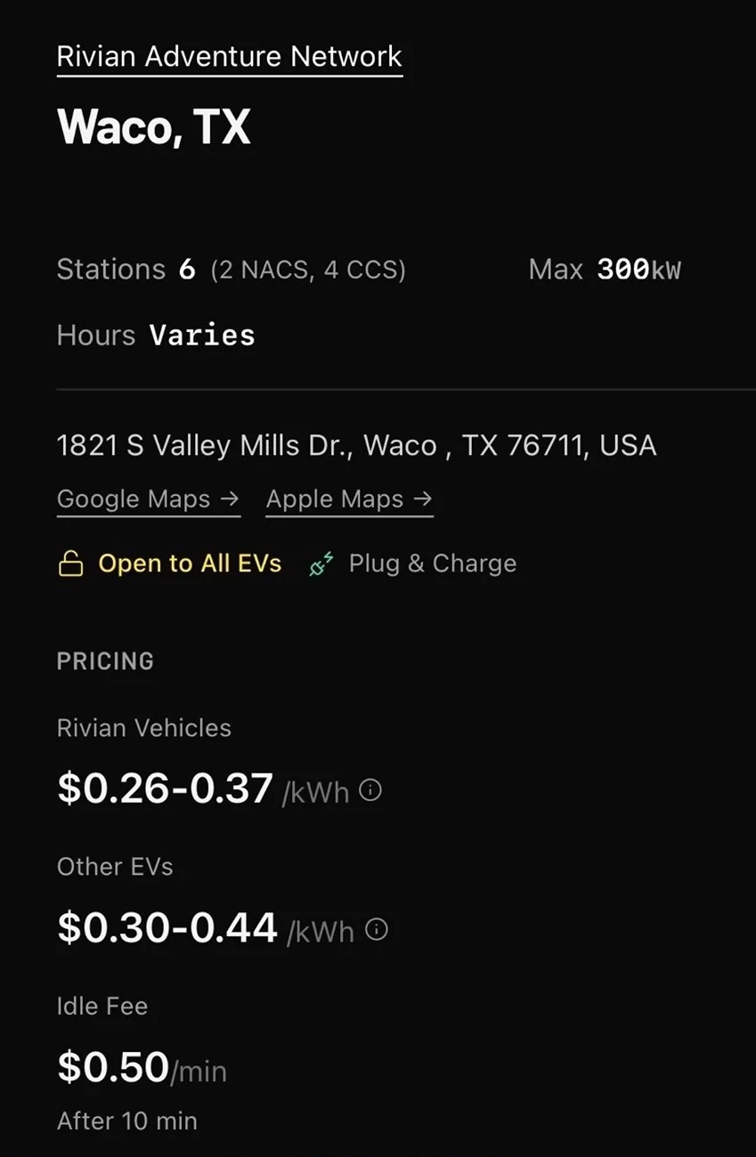 Rivian R1T R1S RAN Rivian Charging Stations Locations Map via Google Maps waco texas rivian charger