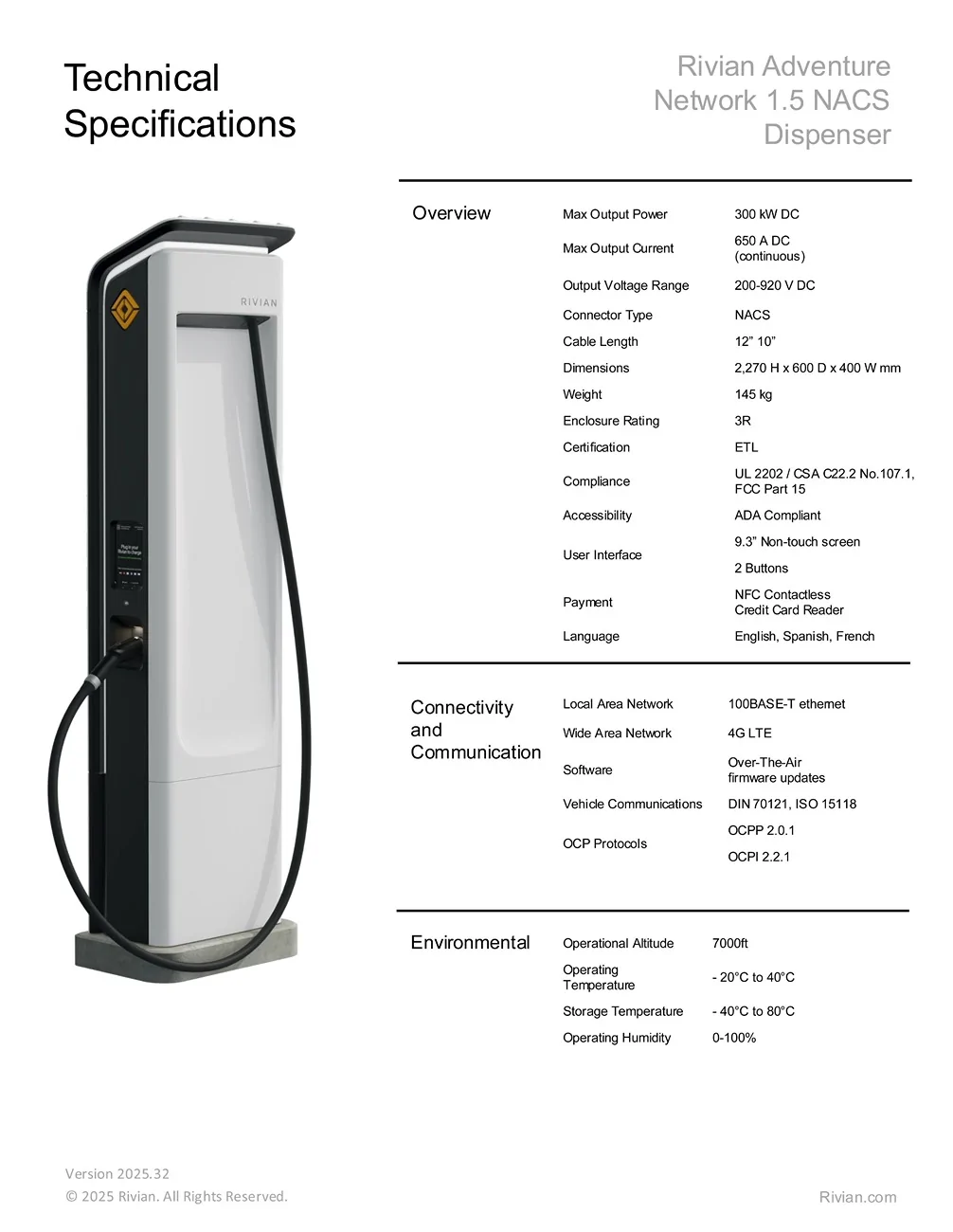 Rivian R1T R1S Gen 1.5 NACS Charging Dispenser Technical Specs (RAN Charger) G6oAYYwaMAA7ZKU