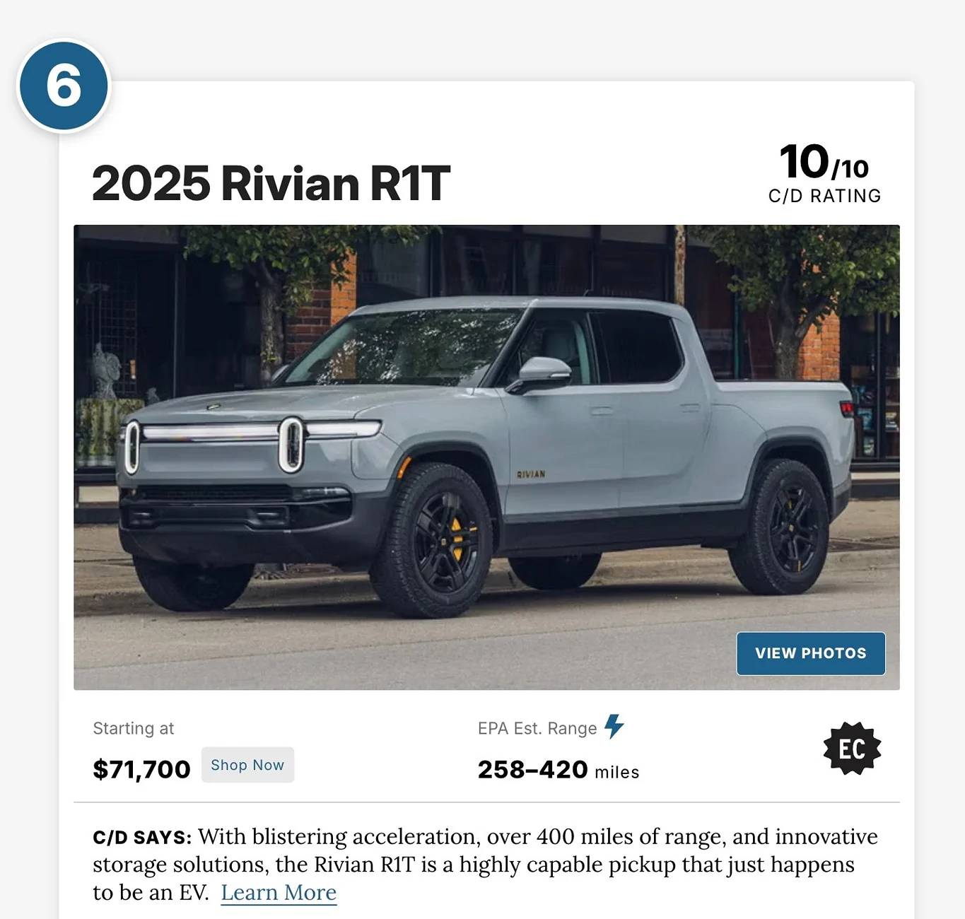 Rivian R1T R1S We made Car and Driver's Best EVs Built in America List Screenshot 2025-12-03 at 7.10.48 AM