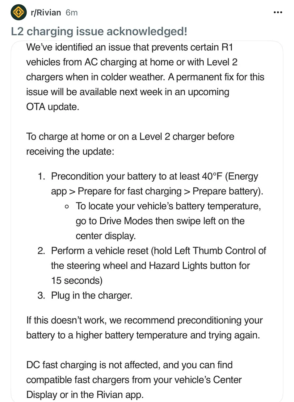 Rivian R1T R1S Level 2 charging issues since last update IMG_0406