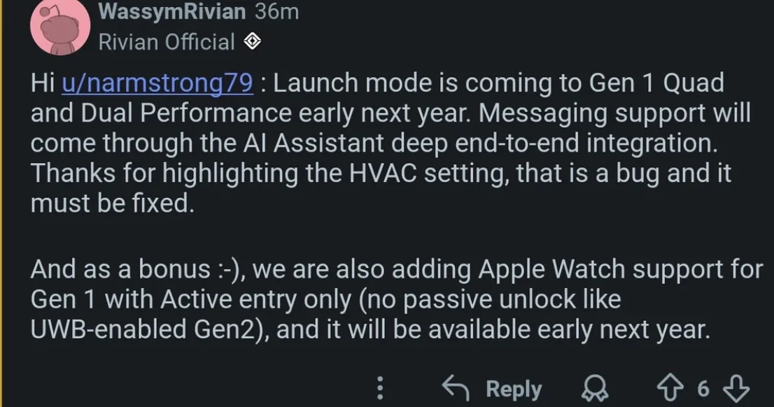 Rivian R1T R1S Launch Mode coming to Gen1 + Apple Watch support w/ active entry (both coming early 2026) -- confirmed by Wassym IMG_3088