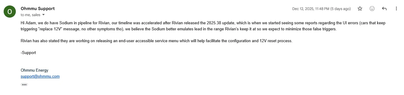 Rivian R1T R1S Sodium 12v replacement batteries coming from Ohmmu for Rivian vehicles Screenshot 2025-12-17 at 10-00-13 Rivian Gen 1 Dual battery - adampilling@gmail.com - Gmail