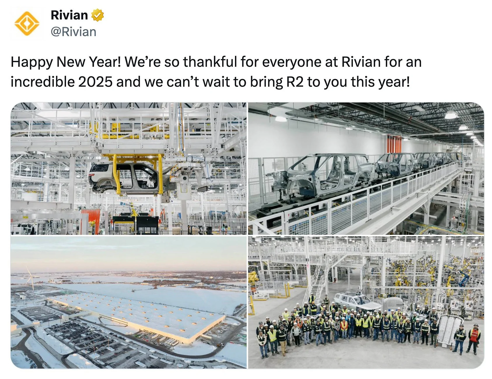 Rivian R1T R1S Rivian "can’t wait to bring R2 to you this year!" (Pre Production Assembly Photos & Happy 2026 New Year Message) rivian r2 production factory