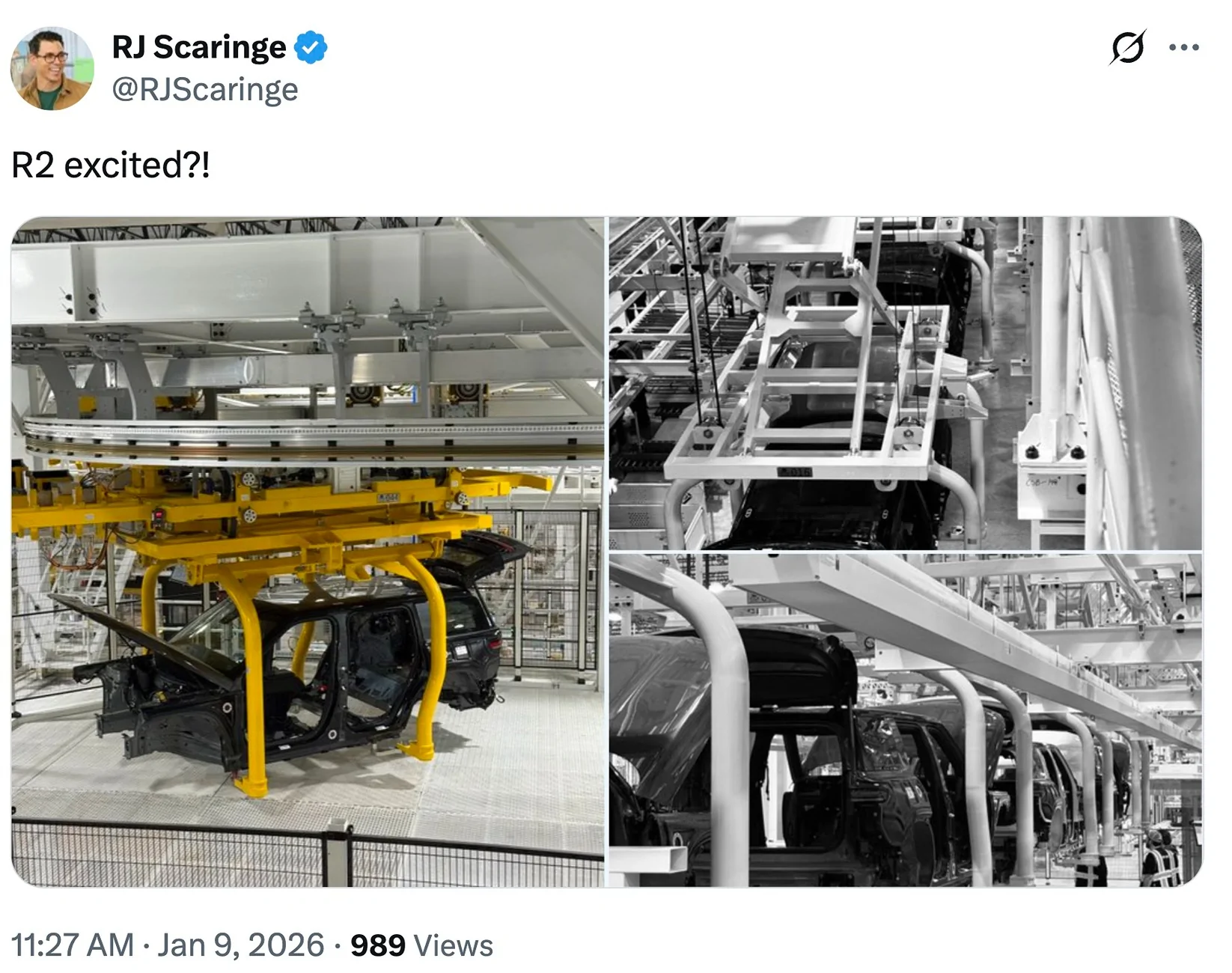 Rivian R1T R1S "R2 excited?!" assembly / production photos from RJ Screenshot 2026-01-09 at 11.34.42 AM