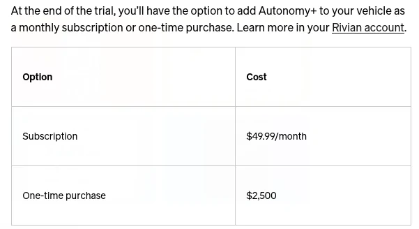 Rivian R1T R1S Adaptive driving requires subscription? Screenshot