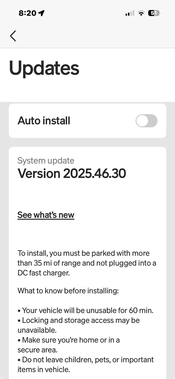Rivian R1T R1S 2025.46.0 (build 7ea9d7fe) → 2025.46.30 (build b35582bc) Screenshot 2026-01-13 at 8.20.57 AM