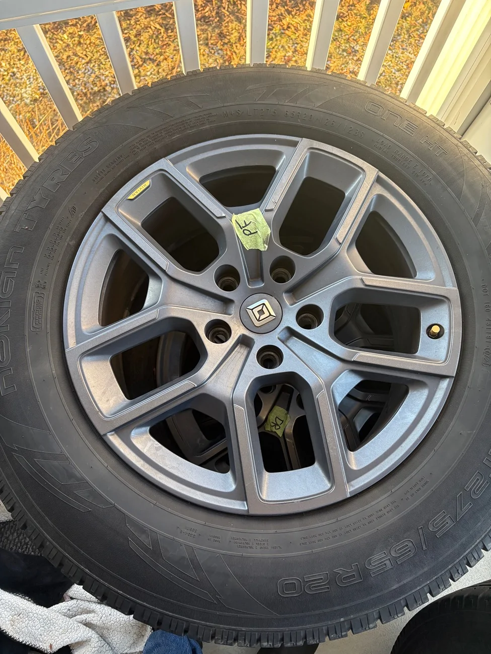 Rivian R1T R1S Powder coated dodge 2363 wheels, sensors, rings and Nokian One HT 275/65/20 with 60% tread IMG_0724