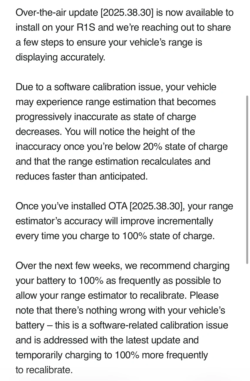 Rivian R1T R1S 2025 R1S Dual Standard - Battery calibration text from Rivian - Anyone else get this? 1769098802413-0m