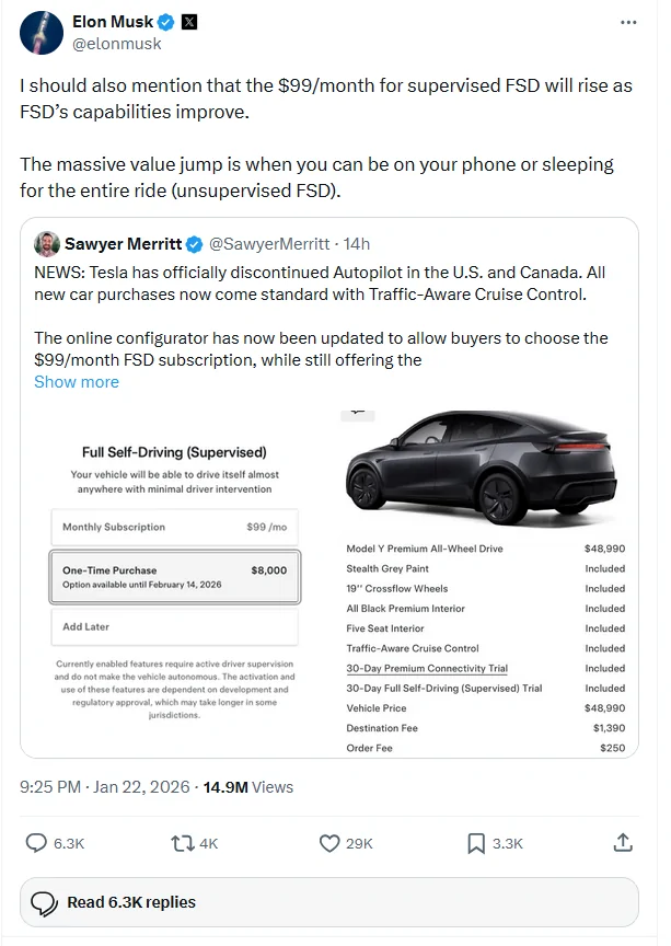 Rivian R1T R1S Tesla kills Autopilot on new cars - Forces users to subscribe to FSD 1769188289739-z9