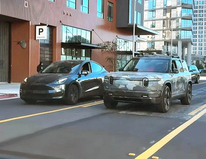Rivian R2 vs. Model Y vs. R1 size comparison (dimensions: length, width, height, wheelbase, storage capacity) {filename}