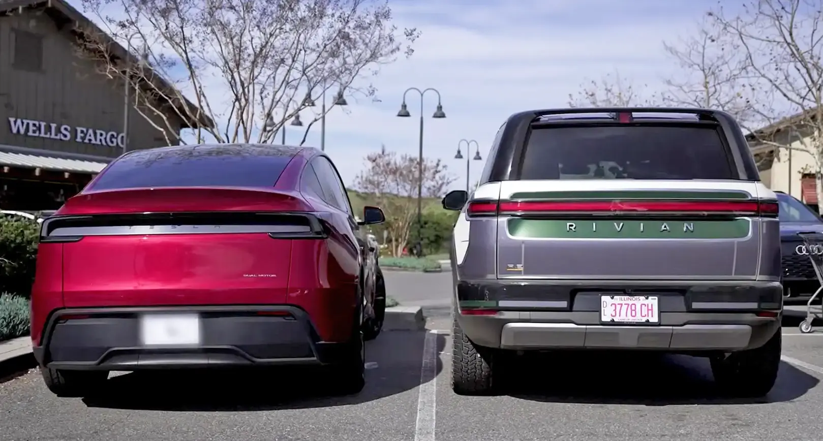 Rivian R2 vs. Model Y vs. R1 size comparison (dimensions: length, width, height, wheelbase, storage capacity) {filename}
